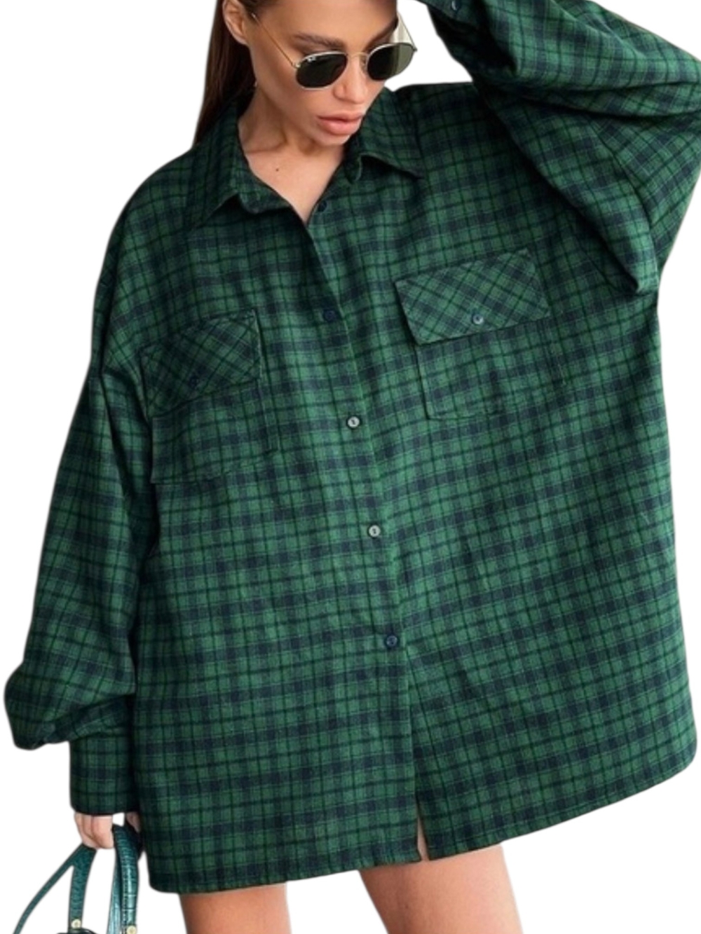 Green Plaid Button-Up Shirt Dress/Tunic Length Top Sz M